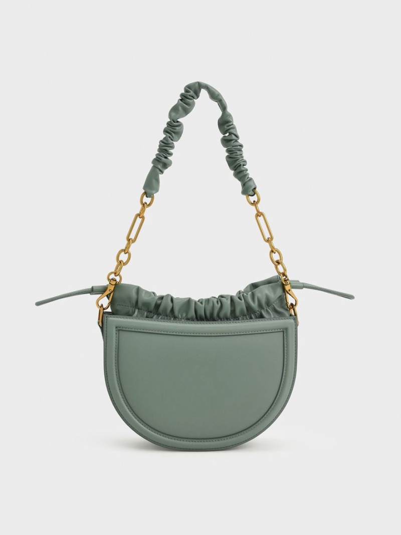 Charles And Keith Solange Ruched Chain Handle Crescent Tote Bags Olive | PHILIPPINES L412