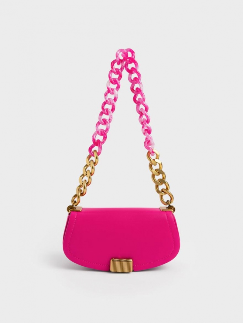 Charles And Keith Sonnet Two-Tone Chain Handle Shoulder Bags Fuchsia | PHILIPPINES E479