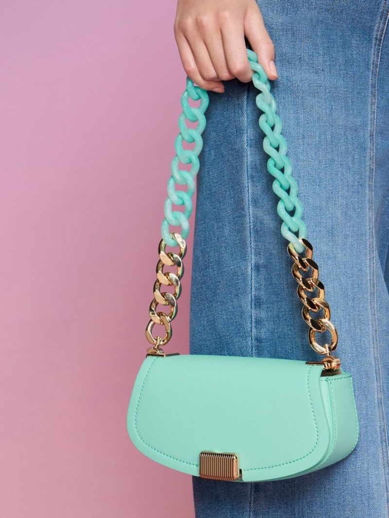 Charles And Keith Sonnet Two-Tone Chain Handle Shoulder Bags Turquoise | PHILIPPINES E349