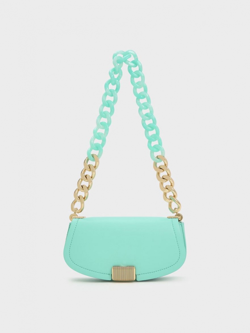 Charles And Keith Sonnet Two-Tone Chain Handle Shoulder Bags Turquoise | PHILIPPINES E349