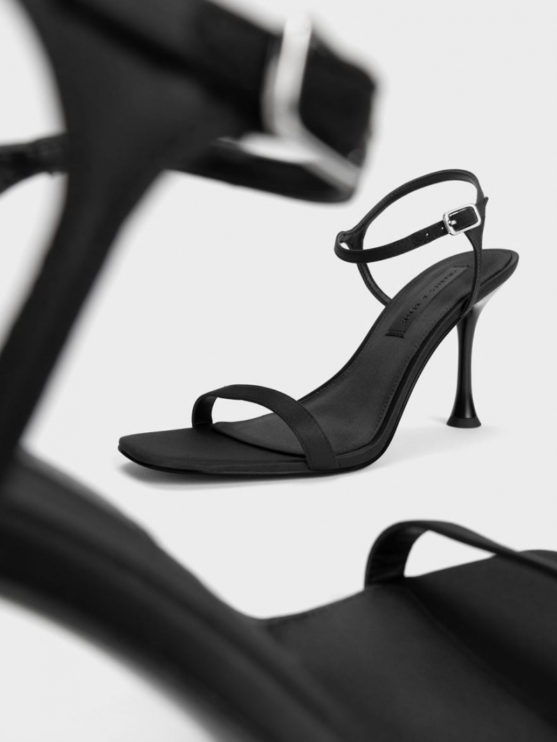 Charles And Keith Spool Heel Satin Heels Sandals Black | PHILIPPINES J614