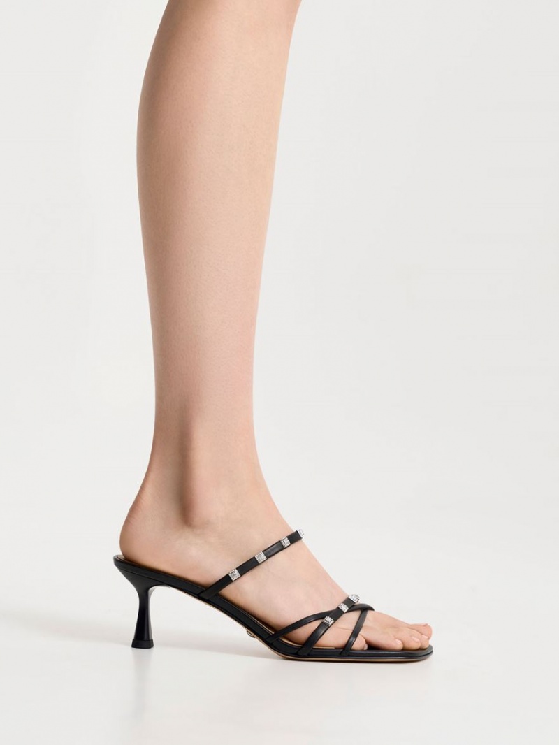 Charles And Keith Square Crystal-Embellished Leather Heeled Mules Black | PHILIPPINES N571