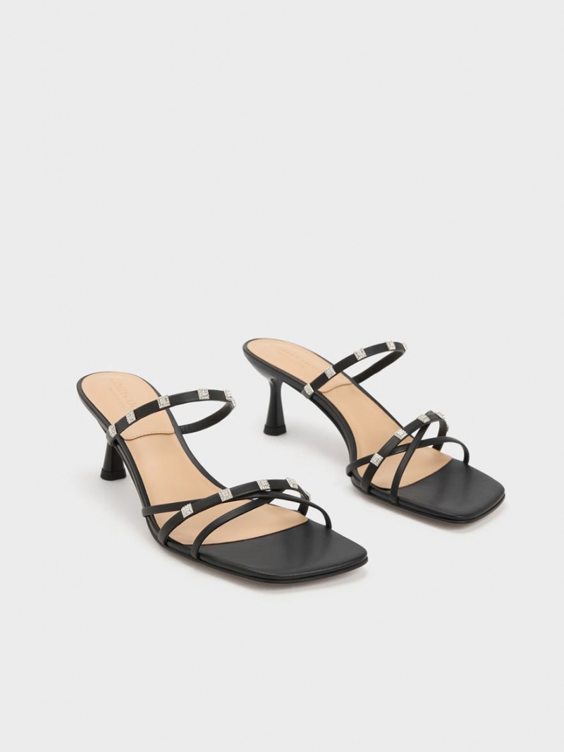 Charles And Keith Square Crystal-Embellished Leather Heeled Mules Black | PHILIPPINES N571