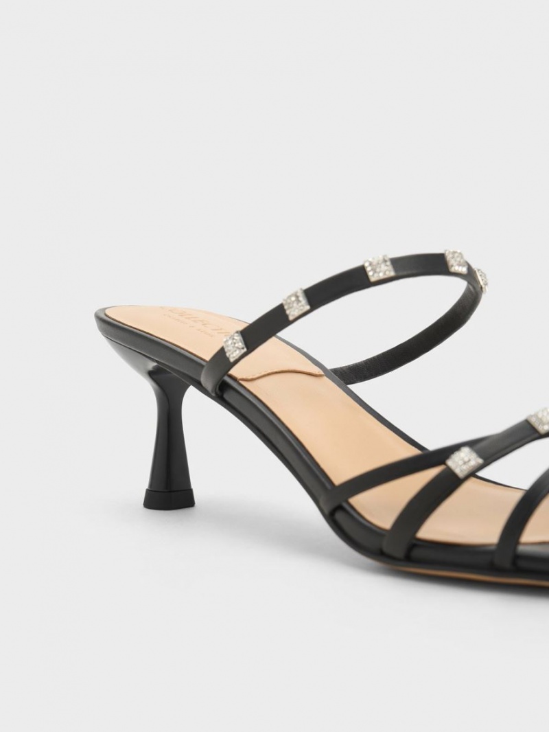 Charles And Keith Square Crystal-Embellished Leather Heeled Mules Black | PHILIPPINES N571