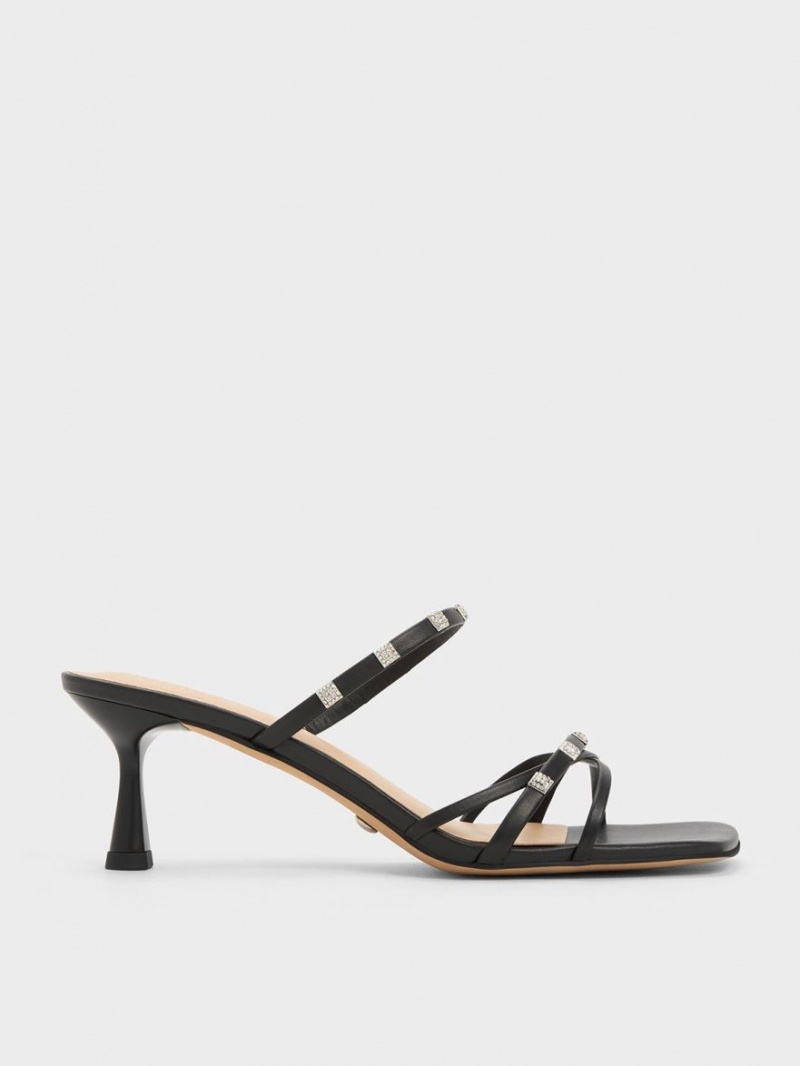 Charles And Keith Square Crystal-Embellished Leather Heeled Mules Black | PHILIPPINES N571