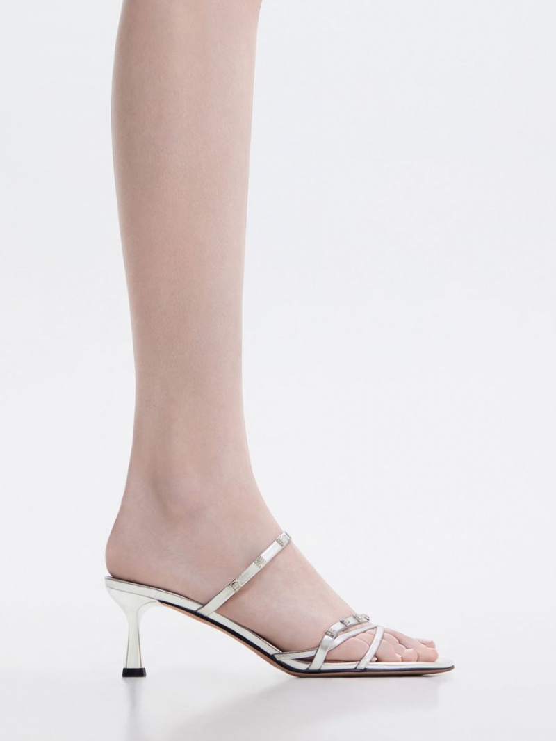 Charles And Keith Square Crystal-Embellished Metallic Leather Heeled Mules Silver | PHILIPPINES U632