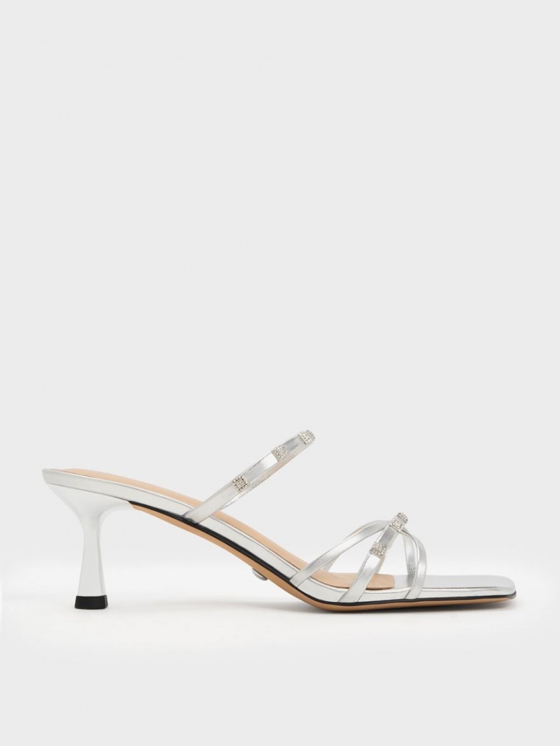 Charles And Keith Square Crystal-Embellished Metallic Leather Heeled Mules Silver | PHILIPPINES U632