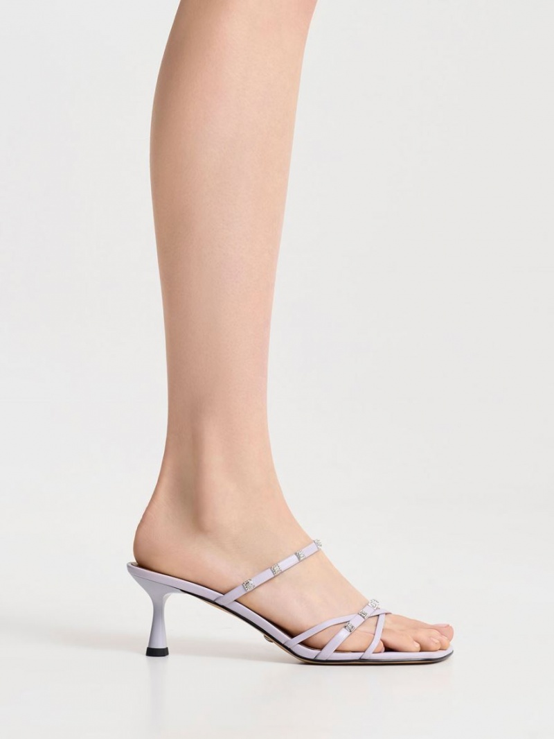 Charles And Keith Square Crystal-Embellished Metallic Leather Heeled Mules Purple | PHILIPPINES P537