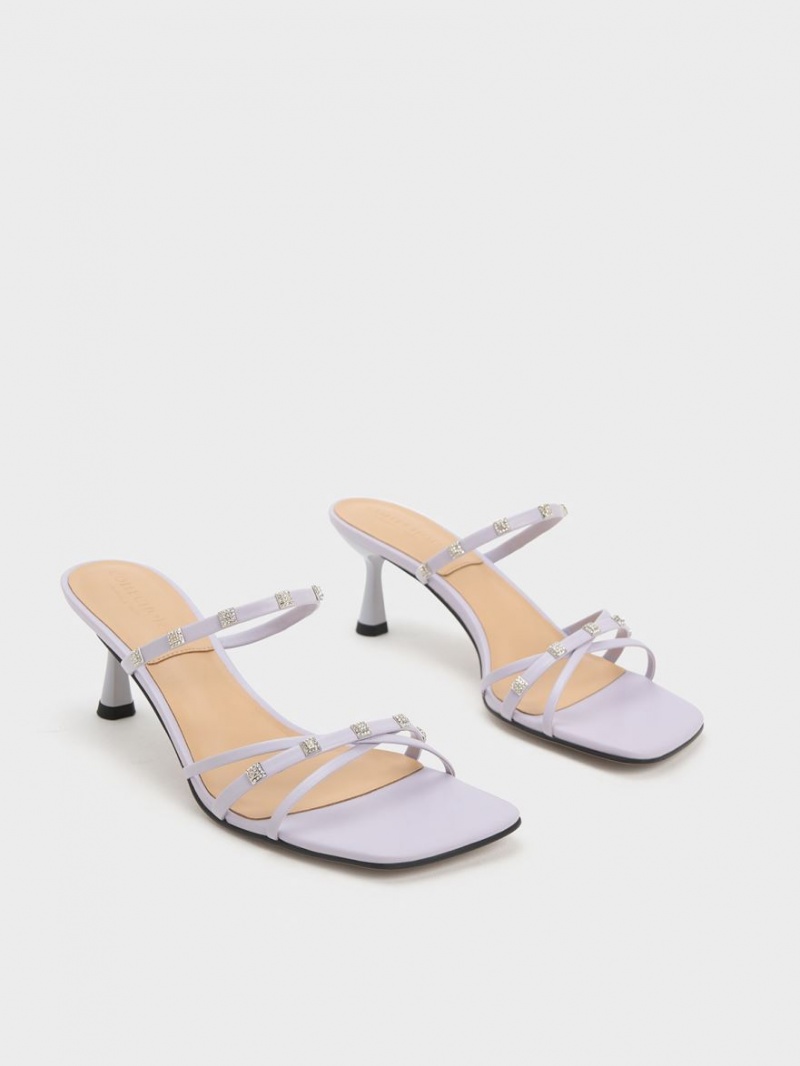 Charles And Keith Square Crystal-Embellished Metallic Leather Heeled Mules Purple | PHILIPPINES P537