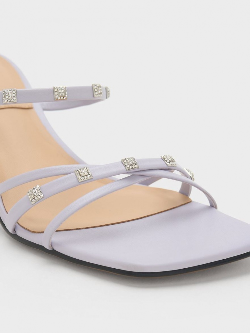 Charles And Keith Square Crystal-Embellished Metallic Leather Heeled Mules Purple | PHILIPPINES P537