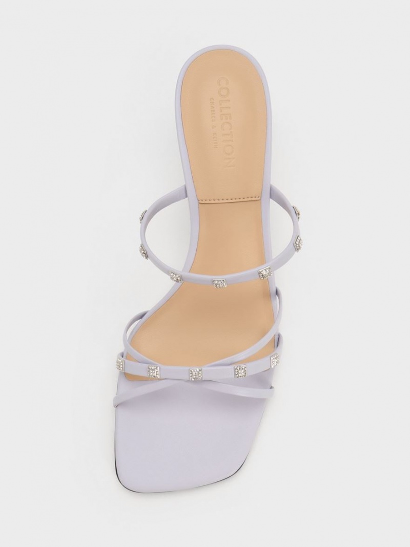 Charles And Keith Square Crystal-Embellished Metallic Leather Heeled Mules Purple | PHILIPPINES P537