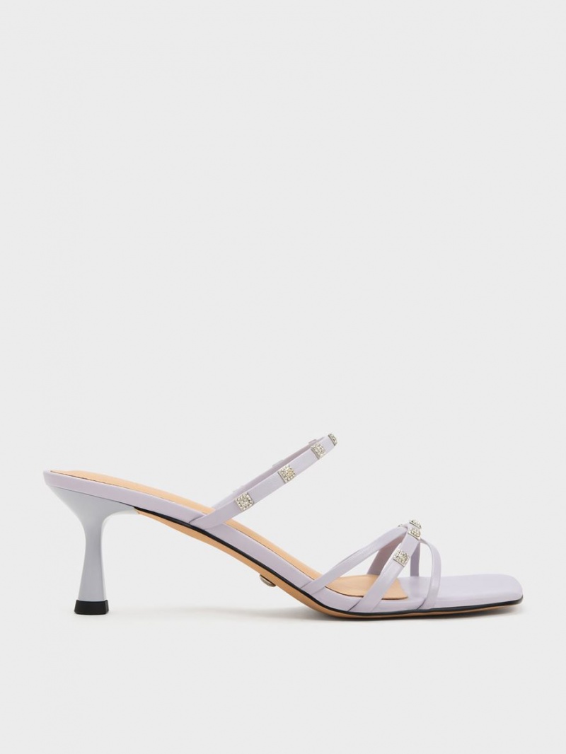 Charles And Keith Square Crystal-Embellished Metallic Leather Heeled Mules Purple | PHILIPPINES P537