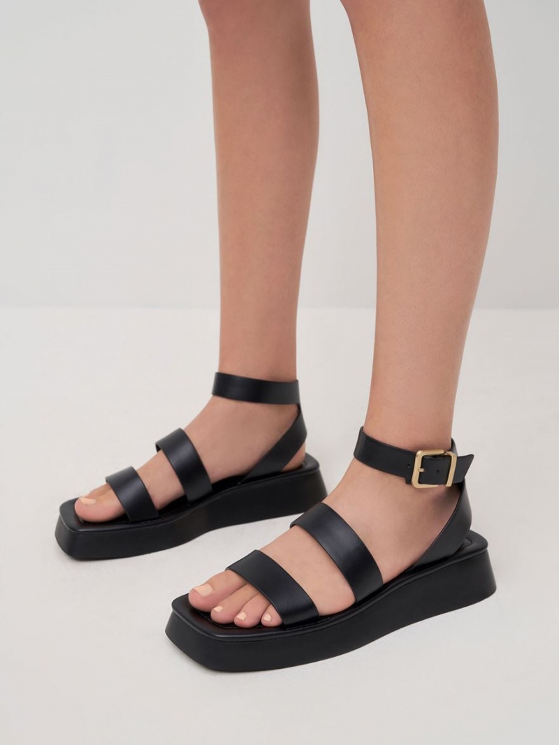 Charles And Keith Square Toe Ankle Strap Sandals Black | PHILIPPINES Y703