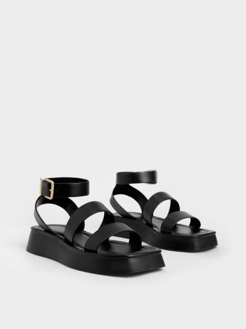 Charles And Keith Square Toe Ankle Strap Sandals Black | PHILIPPINES Y703