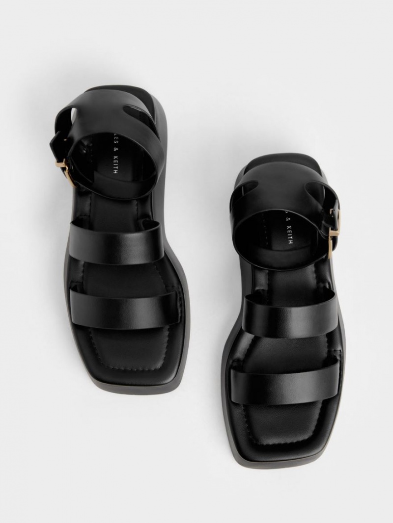 Charles And Keith Square Toe Ankle Strap Sandals Black | PHILIPPINES Y703