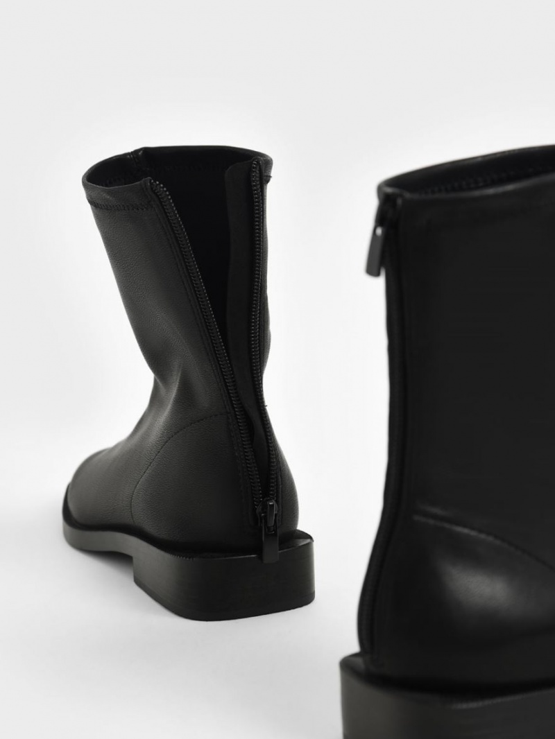 Charles And Keith Square Toe Zip-Up Ankle Boots Black | PHILIPPINES W715