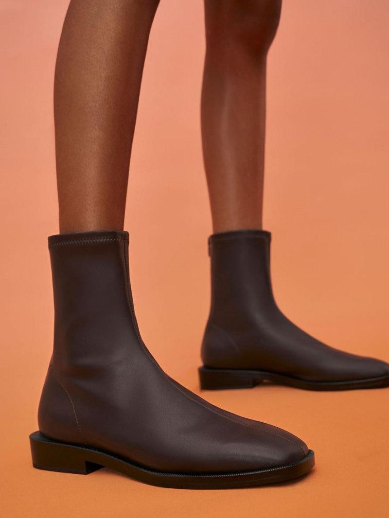 Charles And Keith Square Toe Zip-Up Ankle Boots Dark Brown | PHILIPPINES T421