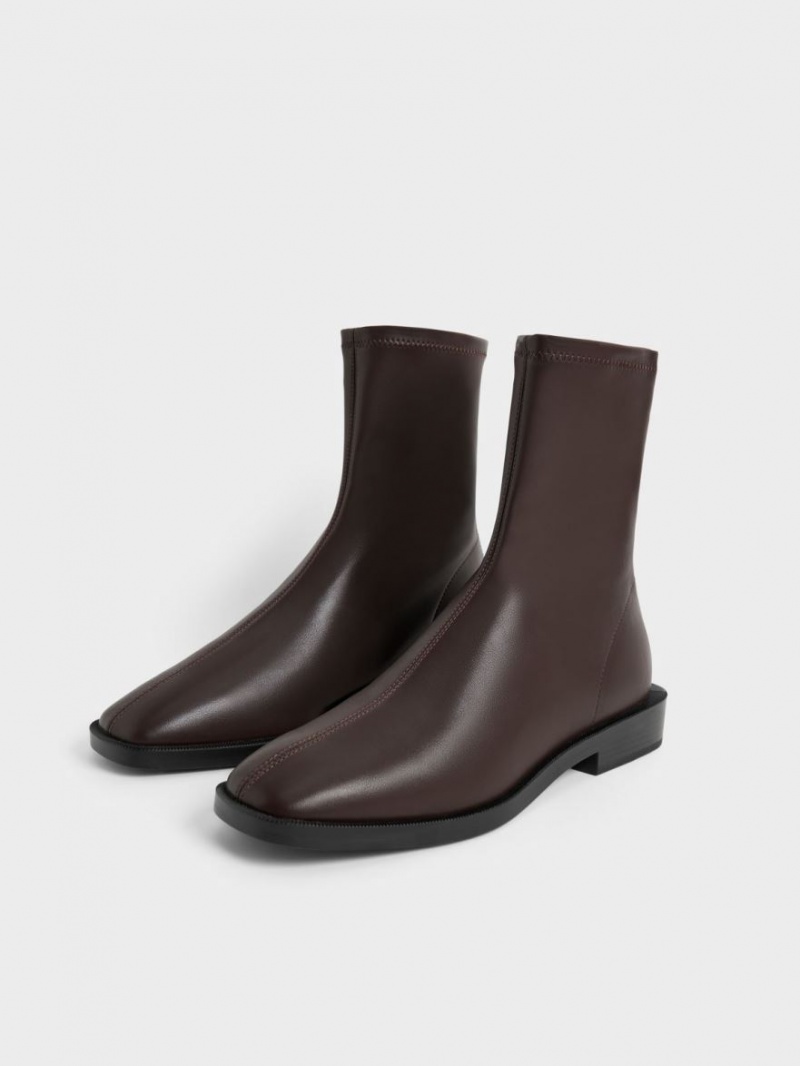 Charles And Keith Square Toe Zip-Up Ankle Boots Dark Brown | PHILIPPINES T421