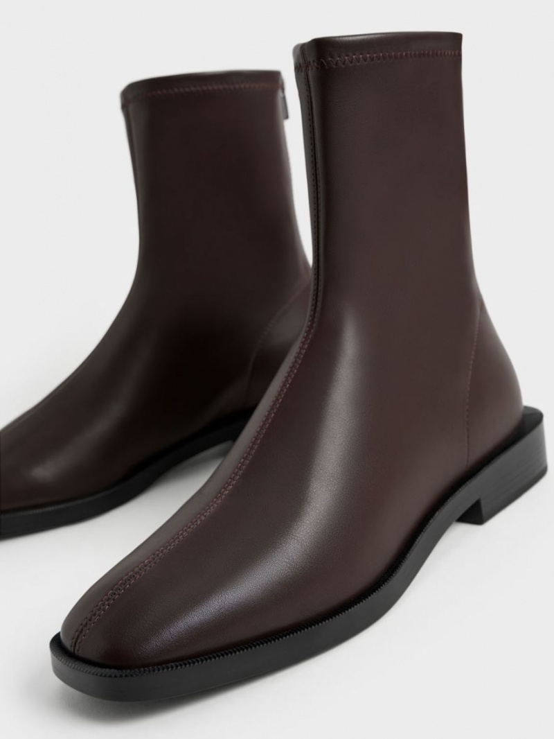 Charles And Keith Square Toe Zip-Up Ankle Boots Dark Brown | PHILIPPINES T421