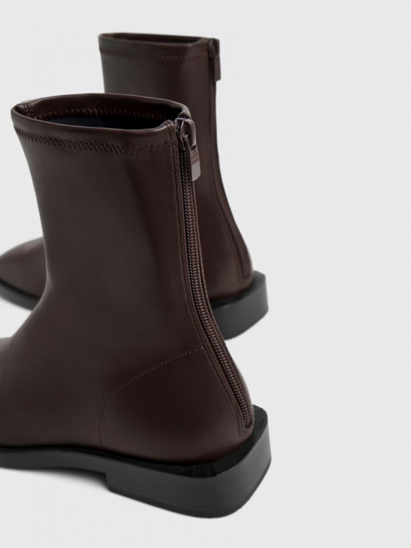 Charles And Keith Square Toe Zip-Up Ankle Boots Dark Brown | PHILIPPINES T421