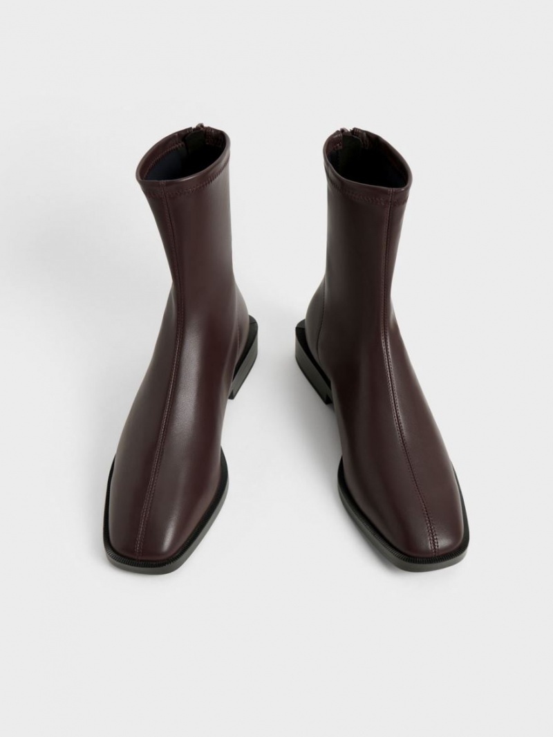 Charles And Keith Square Toe Zip-Up Ankle Boots Dark Brown | PHILIPPINES T421