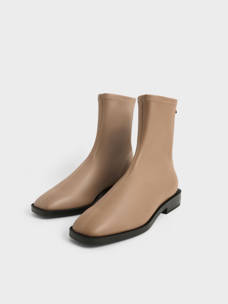 Charles And Keith Square Toe Zip-Up Ankle Boots Brown | PHILIPPINES S182