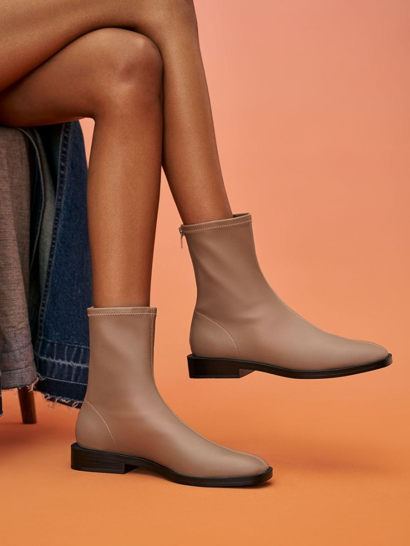 Charles And Keith Square Toe Zip-Up Ankle Boots Brown | PHILIPPINES S182