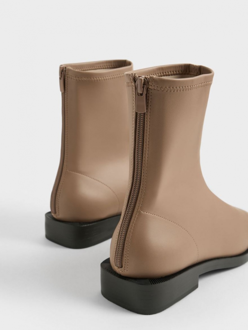 Charles And Keith Square Toe Zip-Up Ankle Boots Brown | PHILIPPINES S182