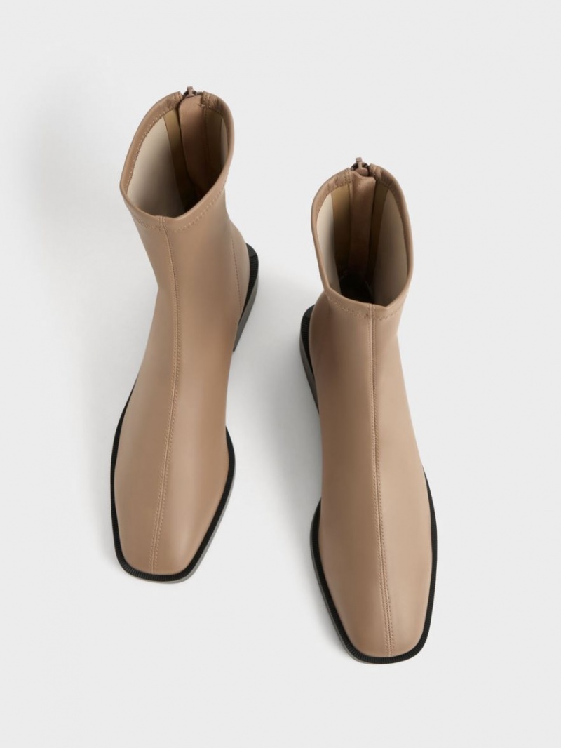 Charles And Keith Square Toe Zip-Up Ankle Boots Brown | PHILIPPINES S182