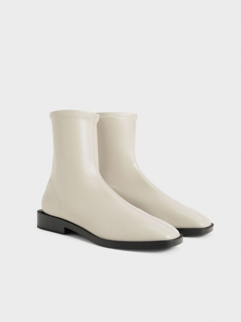 Charles And Keith Square Toe Zip-Up Ankle Boots White | PHILIPPINES T286