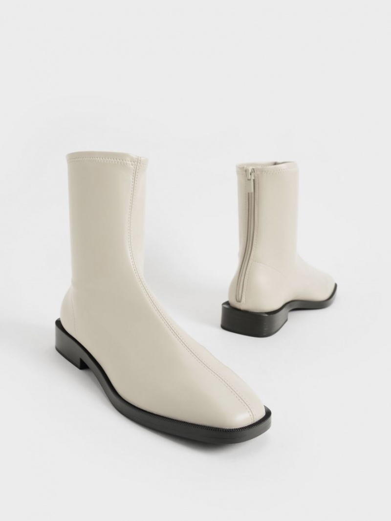 Charles And Keith Square Toe Zip-Up Ankle Boots White | PHILIPPINES T286