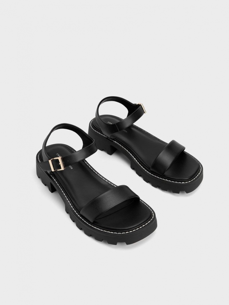 Charles And Keith Stitch-Trim Buckled Platform Sandals Black | PHILIPPINES R501