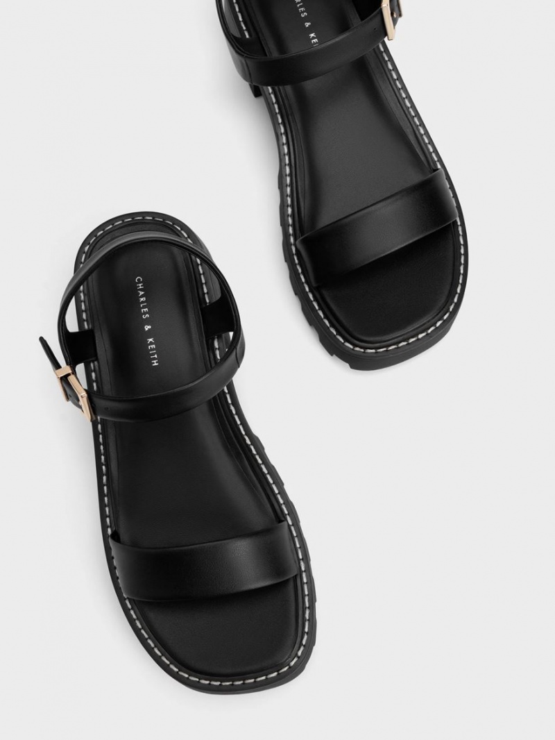 Charles And Keith Stitch-Trim Buckled Platform Sandals Black | PHILIPPINES R501