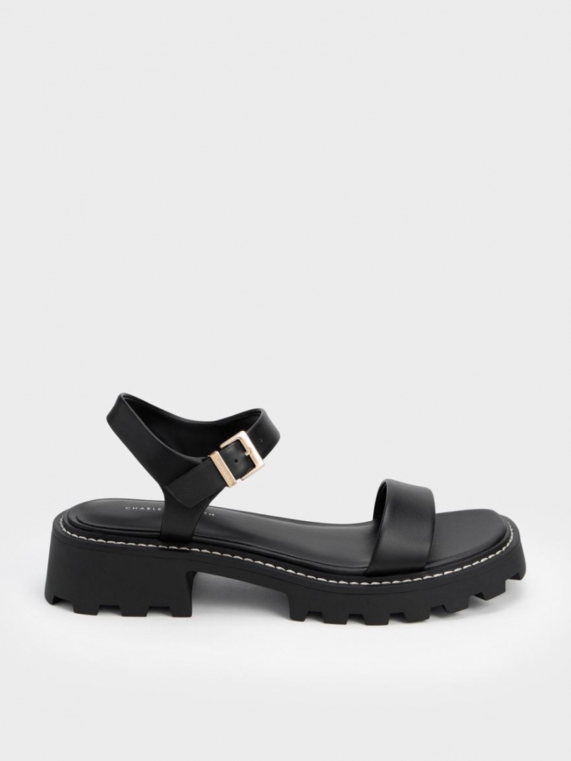 Charles And Keith Stitch-Trim Buckled Platform Sandals Black | PHILIPPINES R501