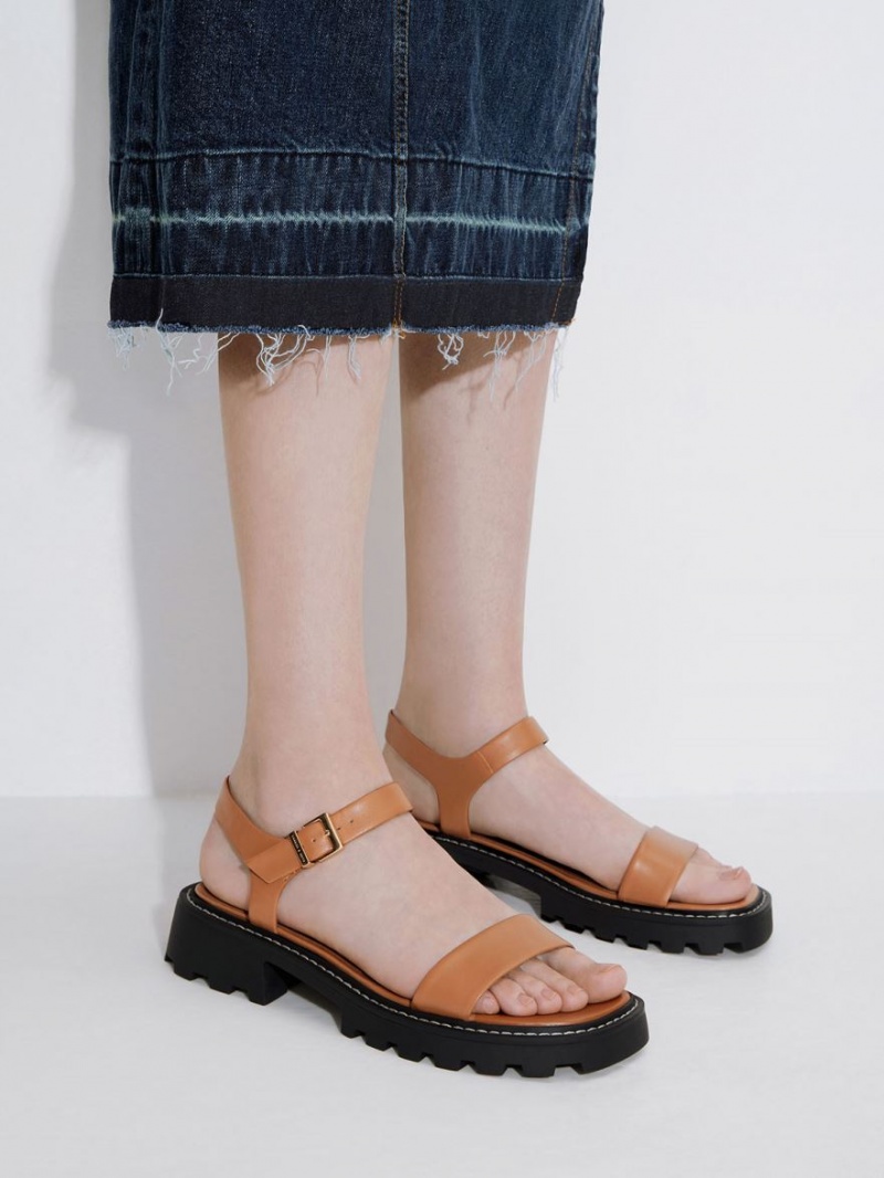 Charles And Keith Stitch-Trim Buckled Platform Sandals Brown | PHILIPPINES E610