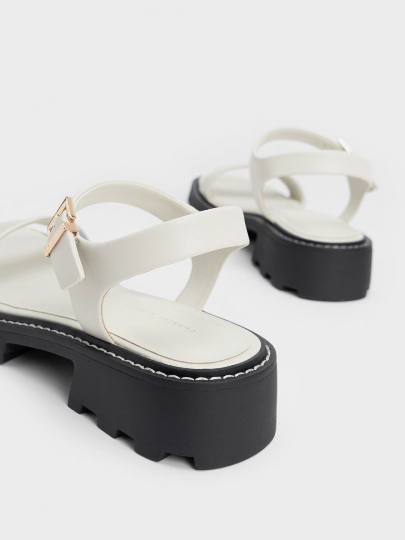 Charles And Keith Stitch-Trim Buckled Platform Sandals White | PHILIPPINES A542