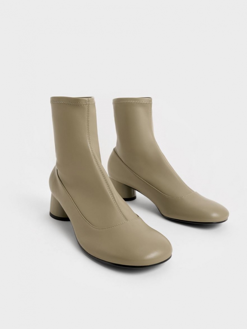 Charles And Keith Stitch-Trim Cylindrical Heel Ankle Boots Olive | PHILIPPINES S417