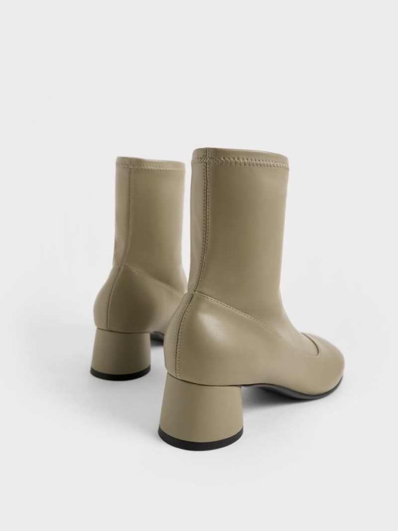 Charles And Keith Stitch-Trim Cylindrical Heel Ankle Boots Olive | PHILIPPINES S417