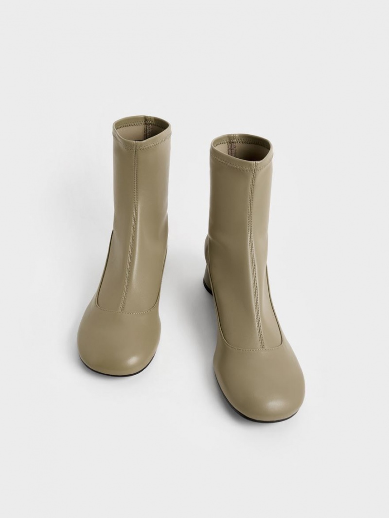 Charles And Keith Stitch-Trim Cylindrical Heel Ankle Boots Olive | PHILIPPINES S417