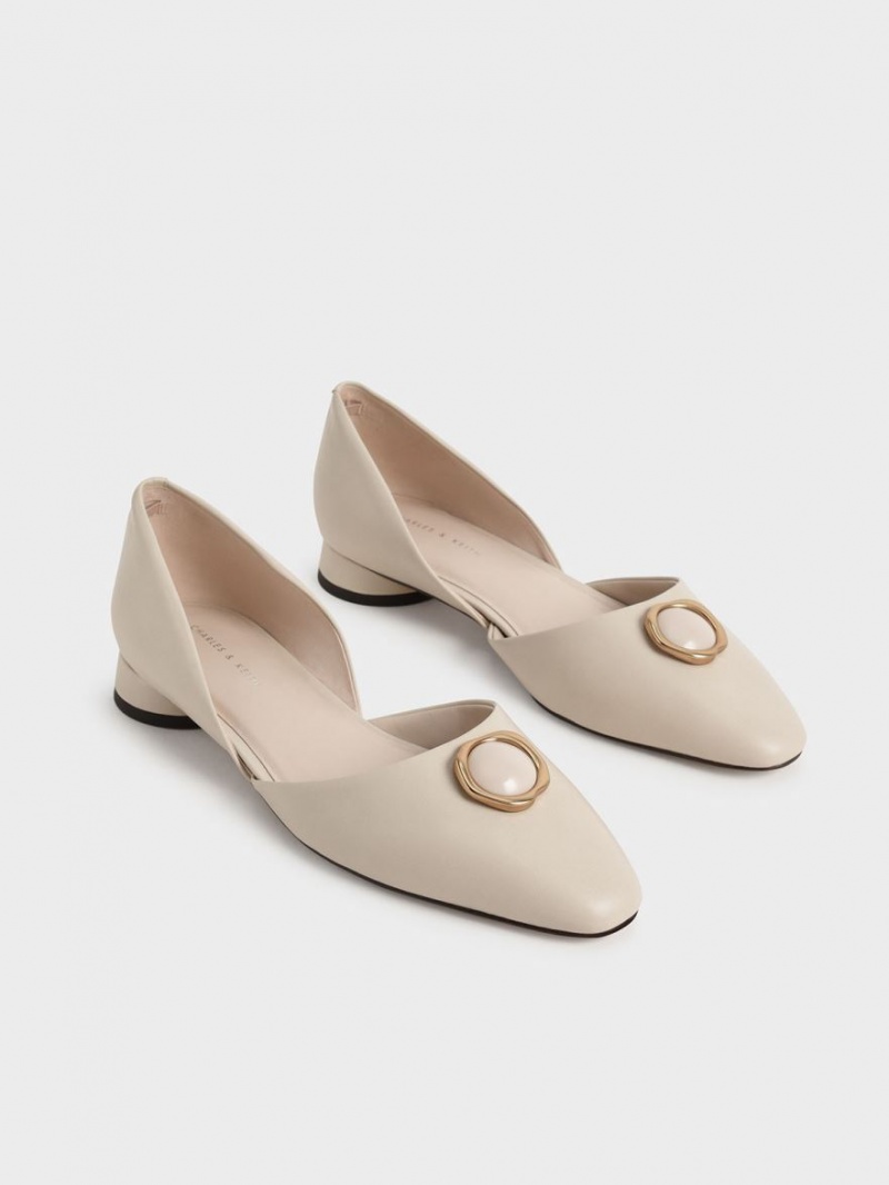 Charles And Keith Stone Embellished D'Orsay Flat Shoes Cream | PHILIPPINES K069