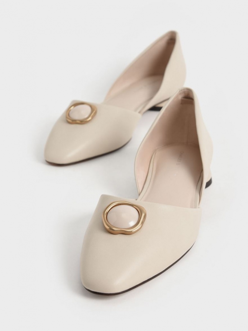 Charles And Keith Stone Embellished D'Orsay Flat Shoes Cream | PHILIPPINES K069