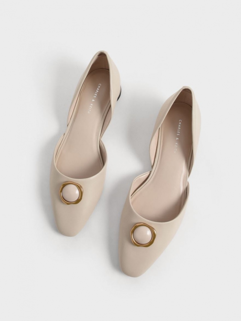 Charles And Keith Stone Embellished D'Orsay Flat Shoes Cream | PHILIPPINES K069