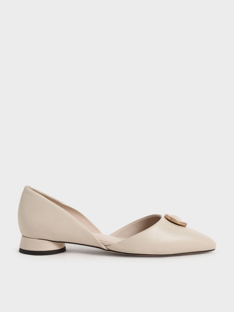 Charles And Keith Stone Embellished D\'Orsay Flat Shoes Cream | PHILIPPINES K069