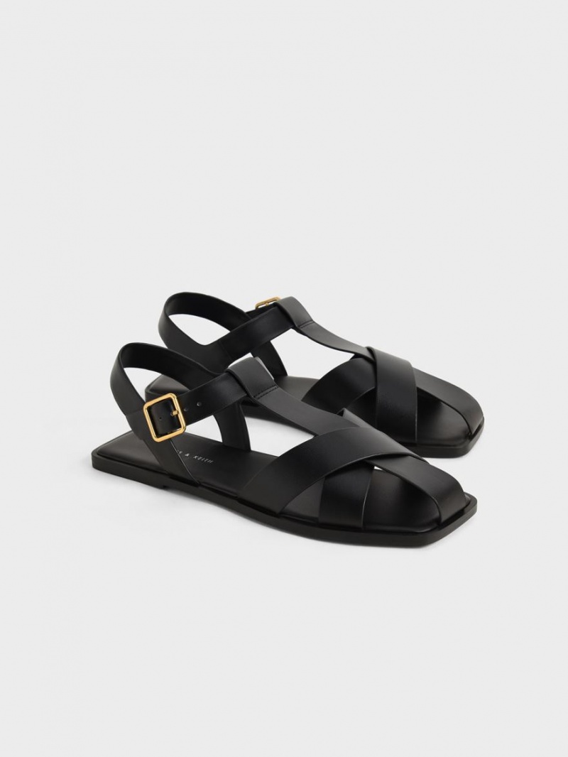 Charles And Keith Strappy Crossover Flat Sandals Black | PHILIPPINES C791