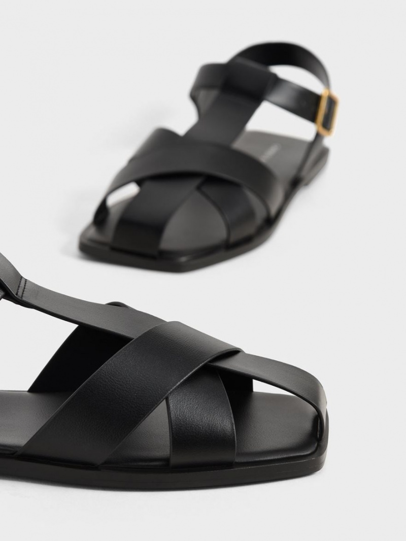 Charles And Keith Strappy Crossover Flat Sandals Black | PHILIPPINES C791