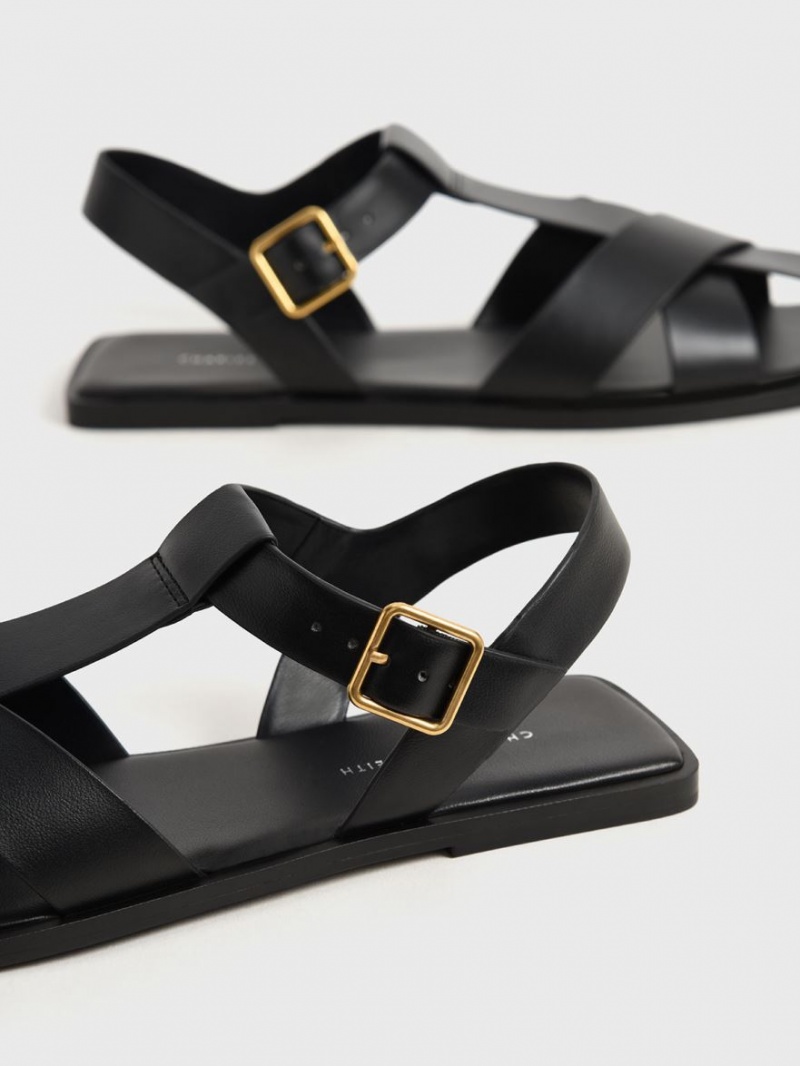 Charles And Keith Strappy Crossover Flat Sandals Black | PHILIPPINES C791