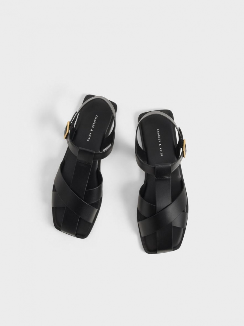 Charles And Keith Strappy Crossover Flat Sandals Black | PHILIPPINES C791