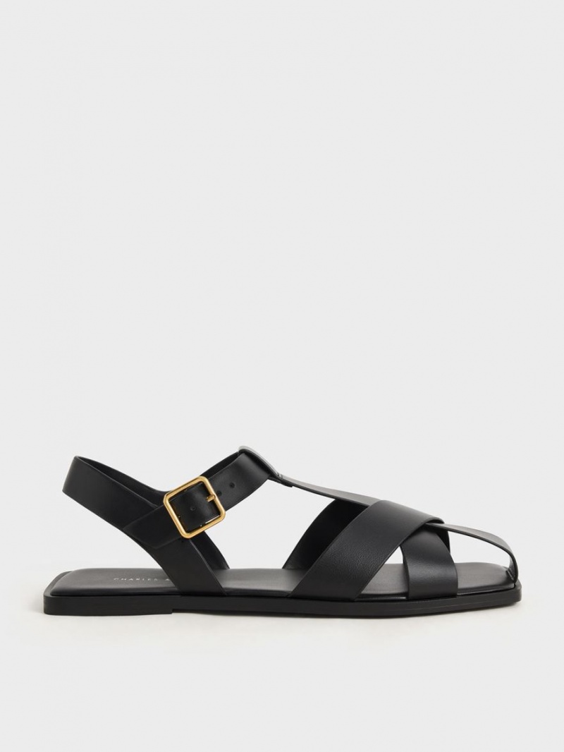 Charles And Keith Strappy Crossover Flat Sandals Black | PHILIPPINES C791