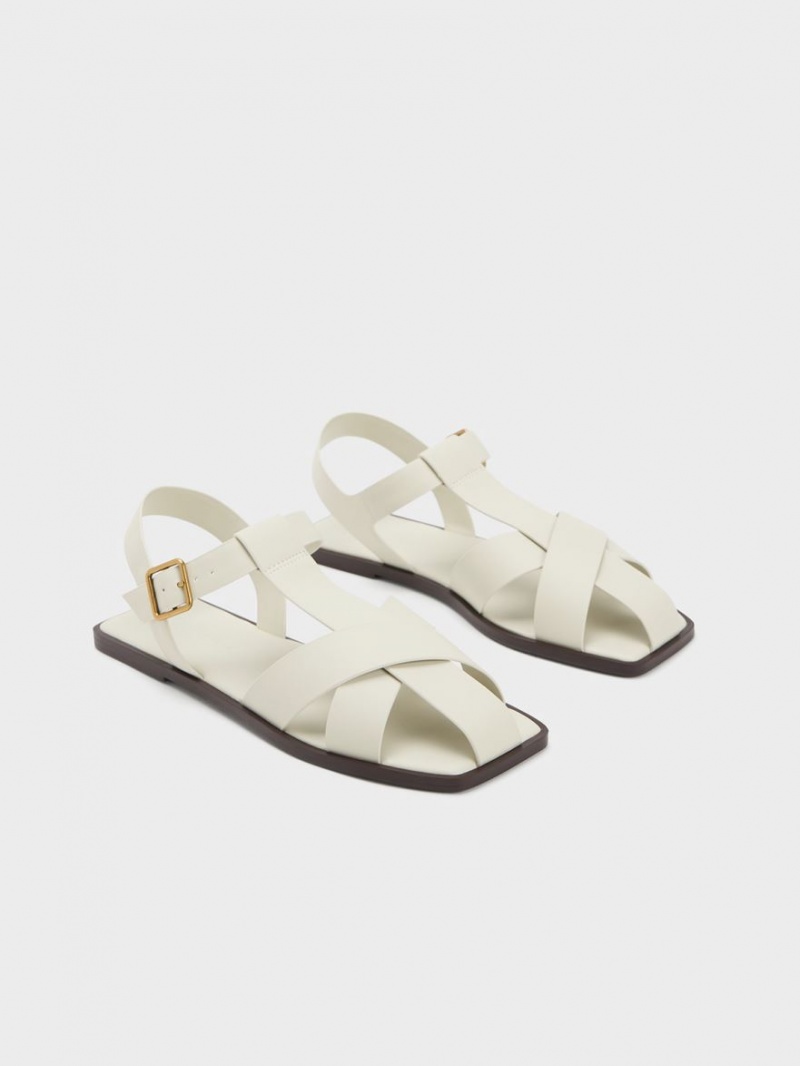 Charles And Keith Strappy Crossover Flat Sandals White | PHILIPPINES M146