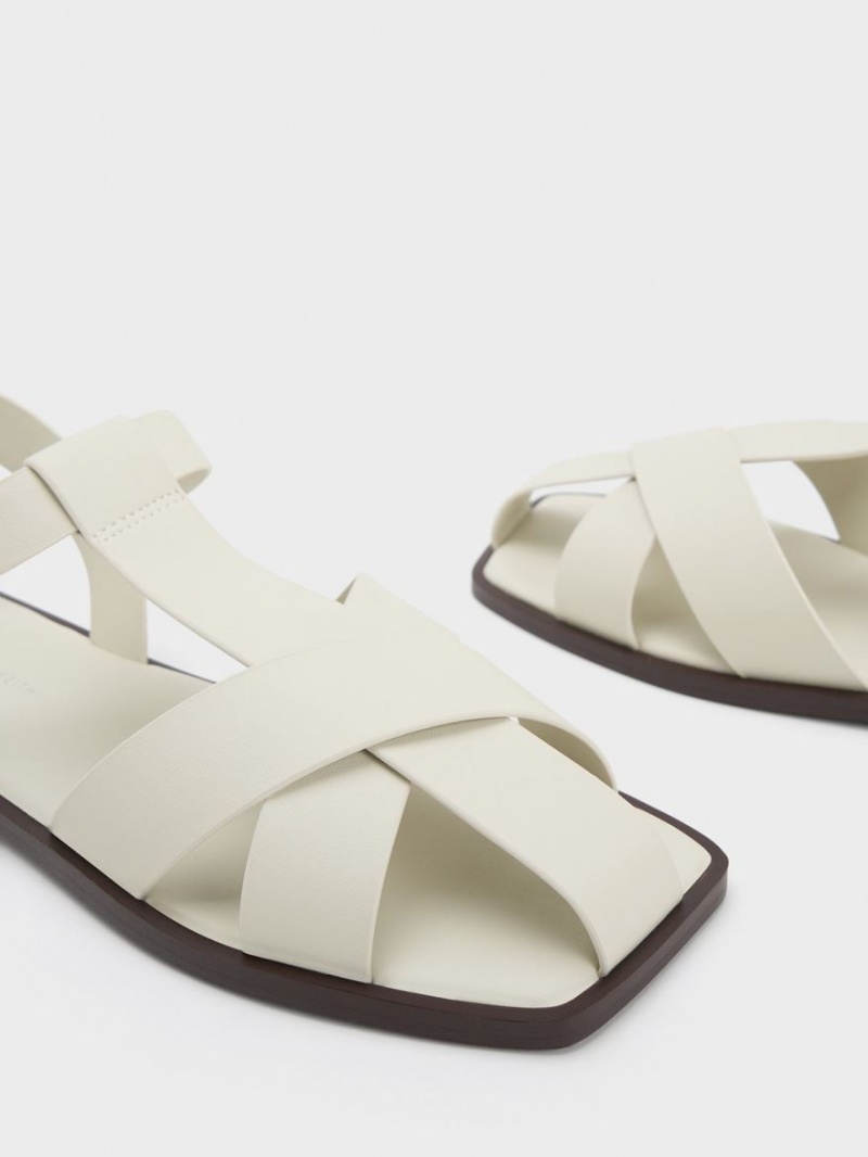 Charles And Keith Strappy Crossover Flat Sandals White | PHILIPPINES M146